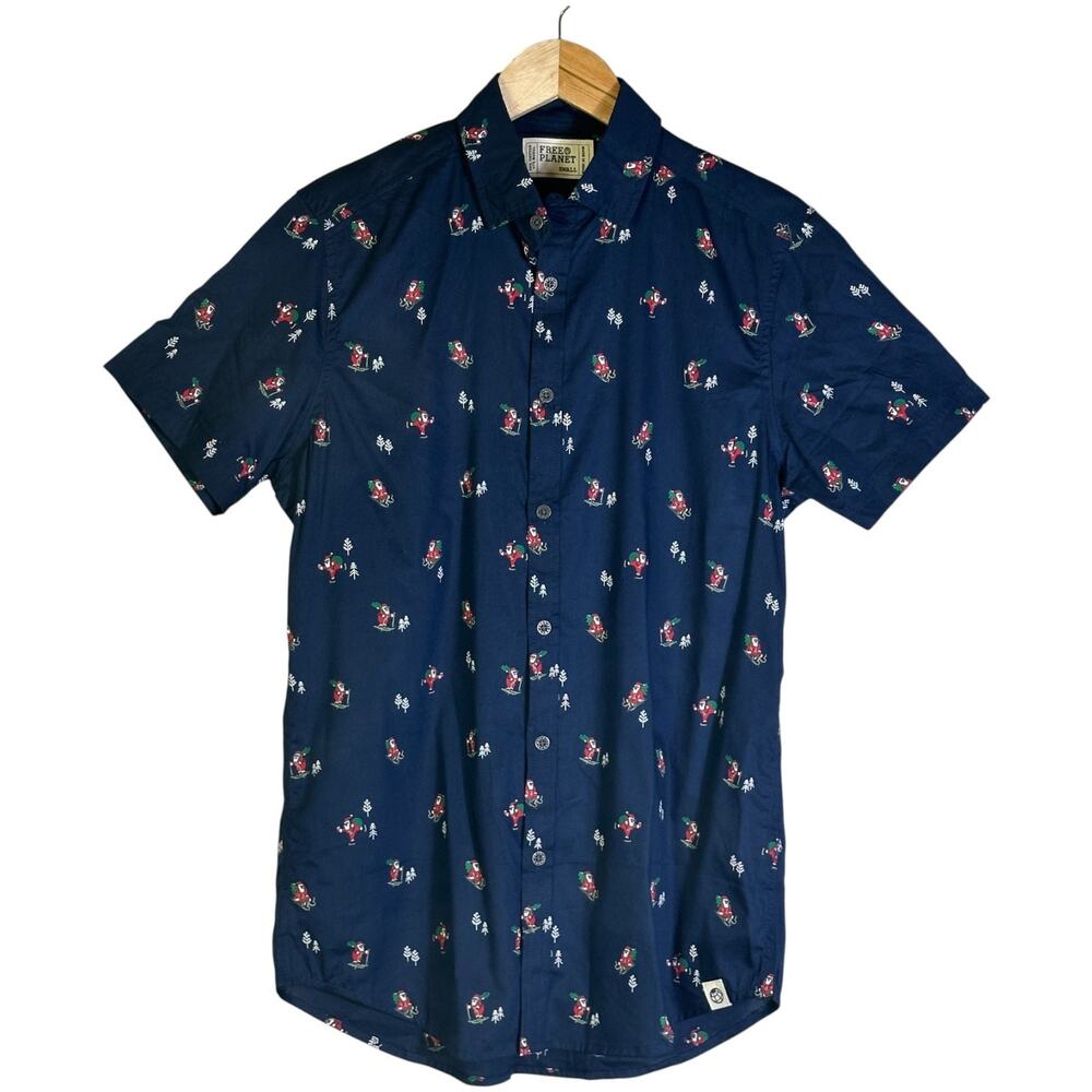 Free Planet Button Down Shirt Mens S Navy Blue Santa Skiing Christmas Cotton